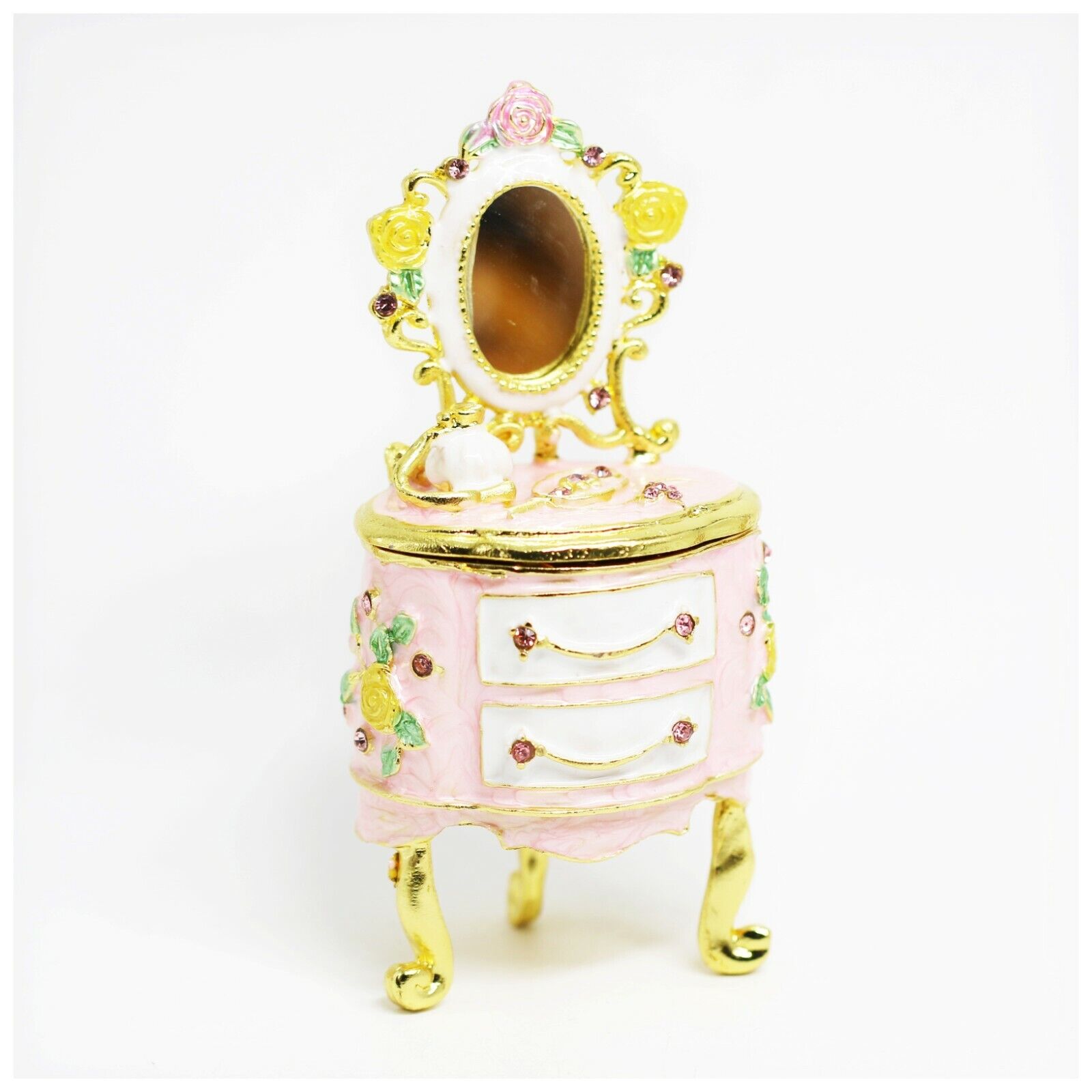 Bejeweled Enameled Trinket Box/Figurine With Rhinestones-Vintage Pink Vanity