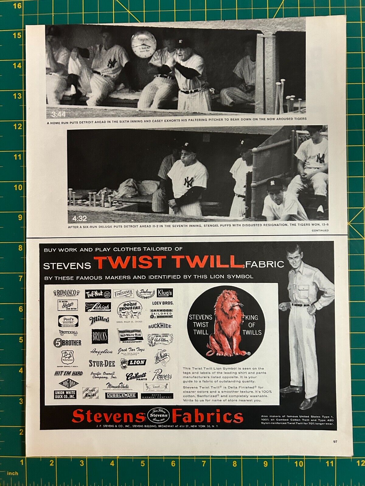 1959 Vintage Stevens Fabrics Twist Twill Mens Fashion Lion Symbol Print Ad U1