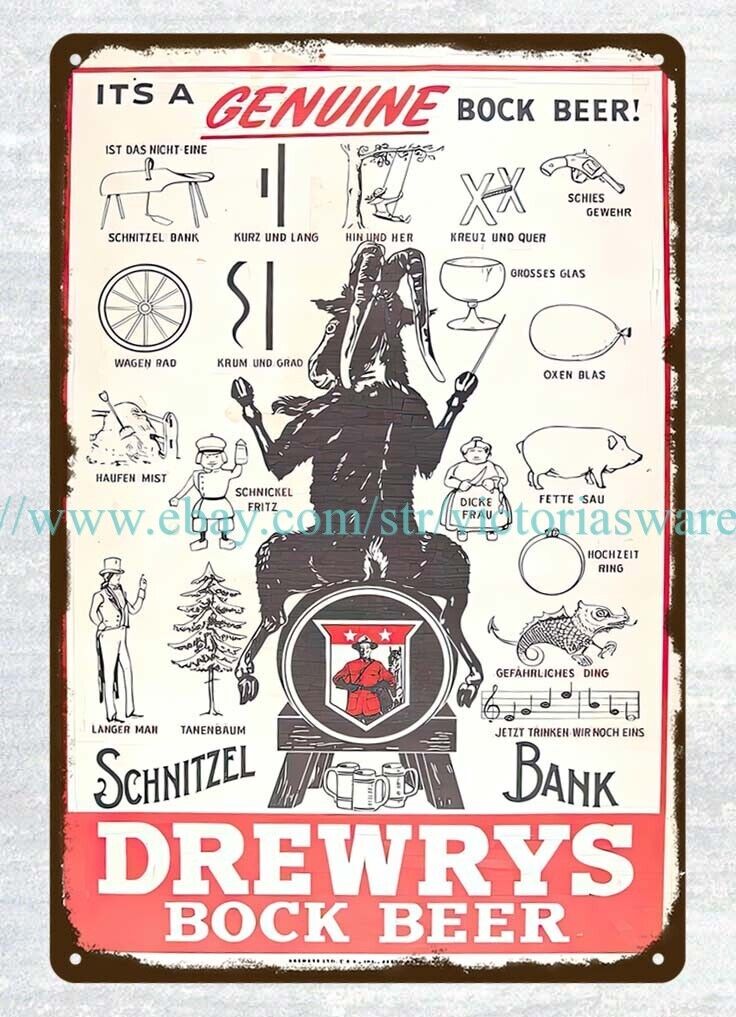Drewrys Bock Beer Schnitzel Bank metal tin sign bar decor ideas