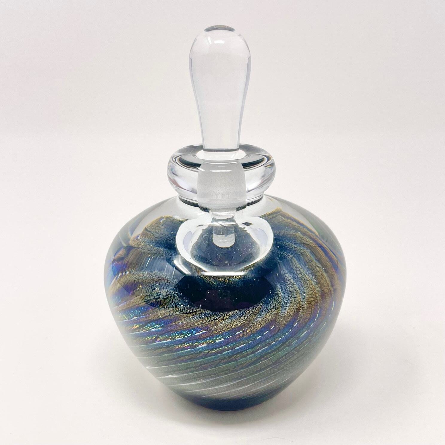 1988 Brian Maytum Studios signed iridescent black swirl art glass perfume bottle