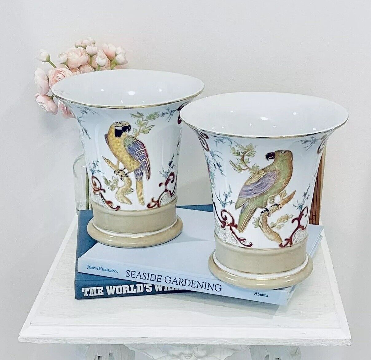 Pair Chelsea House Chinese Porcelain Planter Parrots Birds Gold Gild Vtg 8.25”