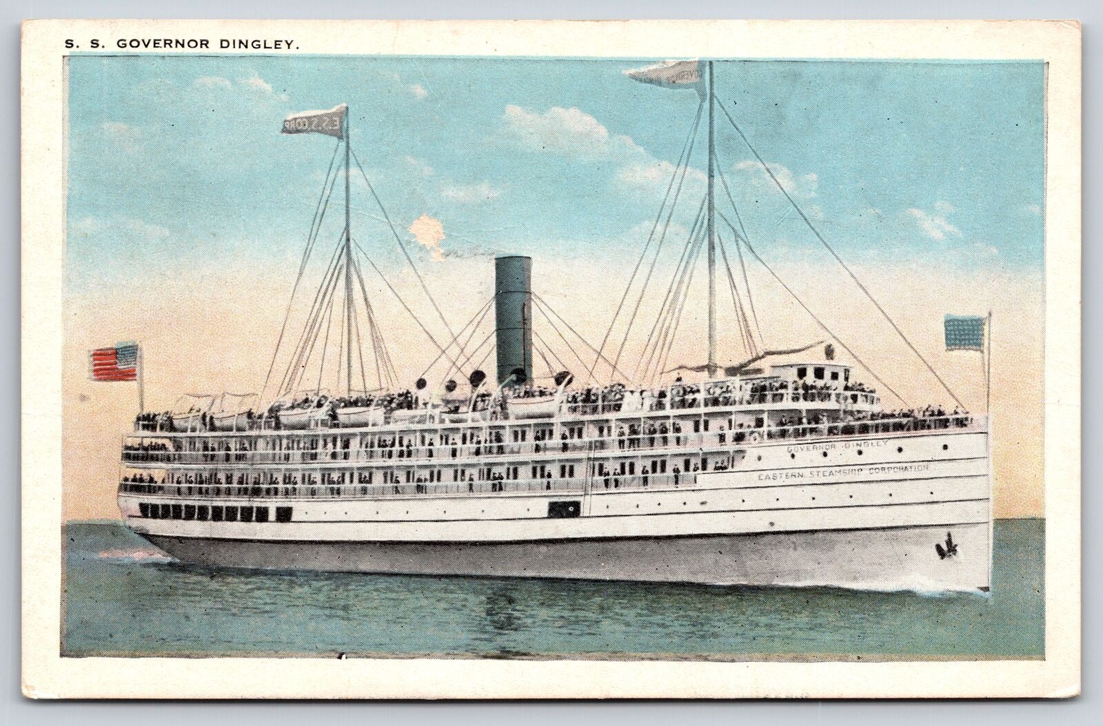 Transportation~View Of SS Governor Dingley Steamer Ship @ Sea~Tichnor~Vintage PC