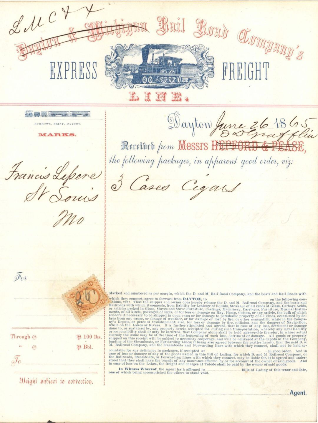 Dayton and Michigan Rail Road Express Freight Line - 1865 Express Document - Exp