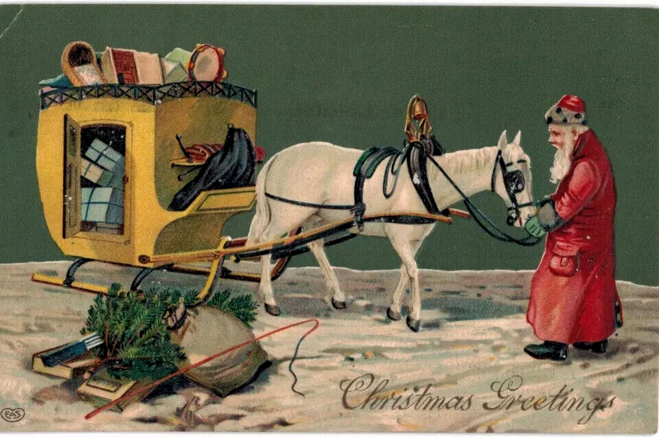 Santa Claus with Horse~Yellow Sled~Toys~Tree~Antique EAS Christmas Postcard~h851