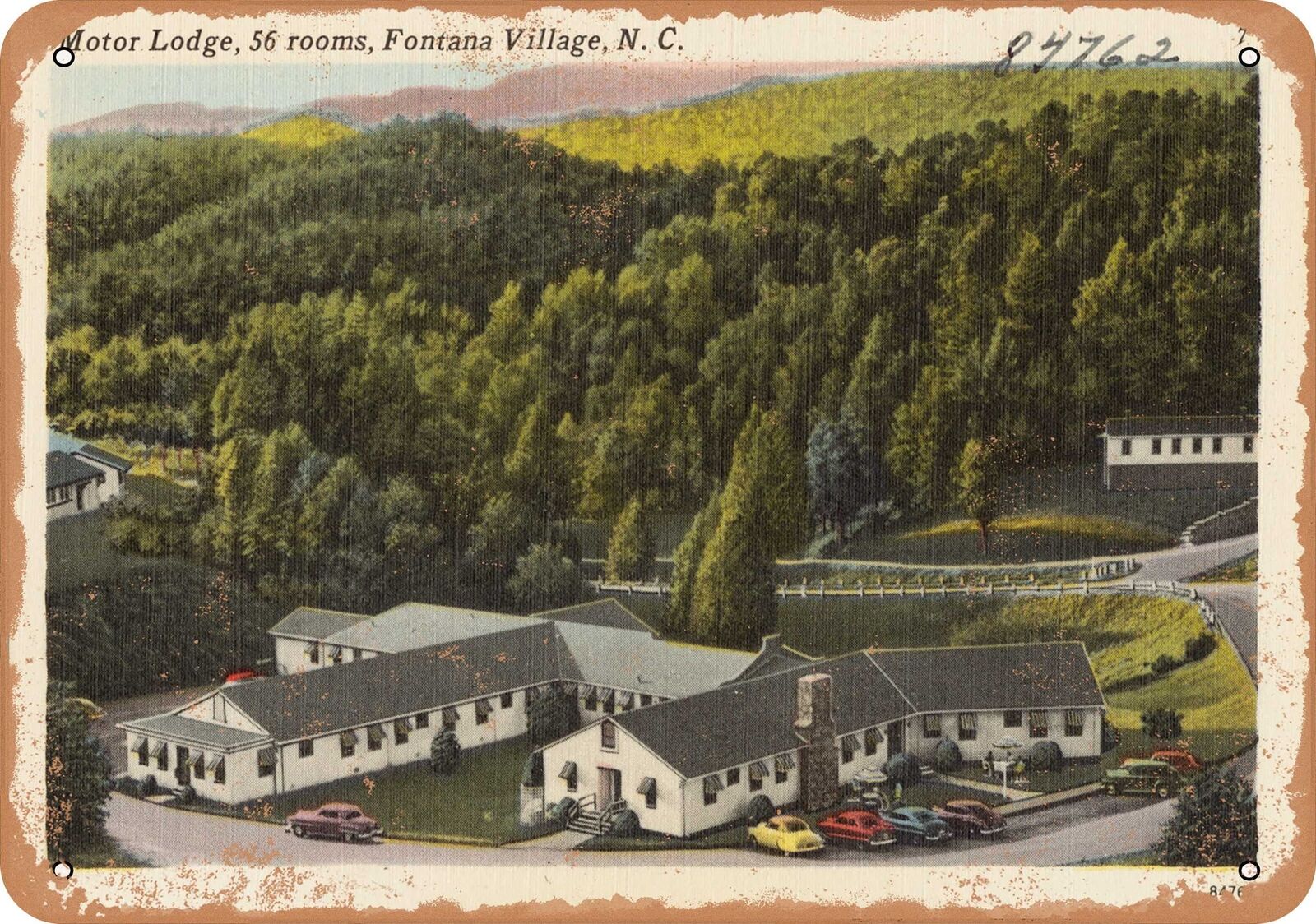 Metal Sign - North Carolina Postcard - Motor Lodge, 56 rooms, Fontana Village,