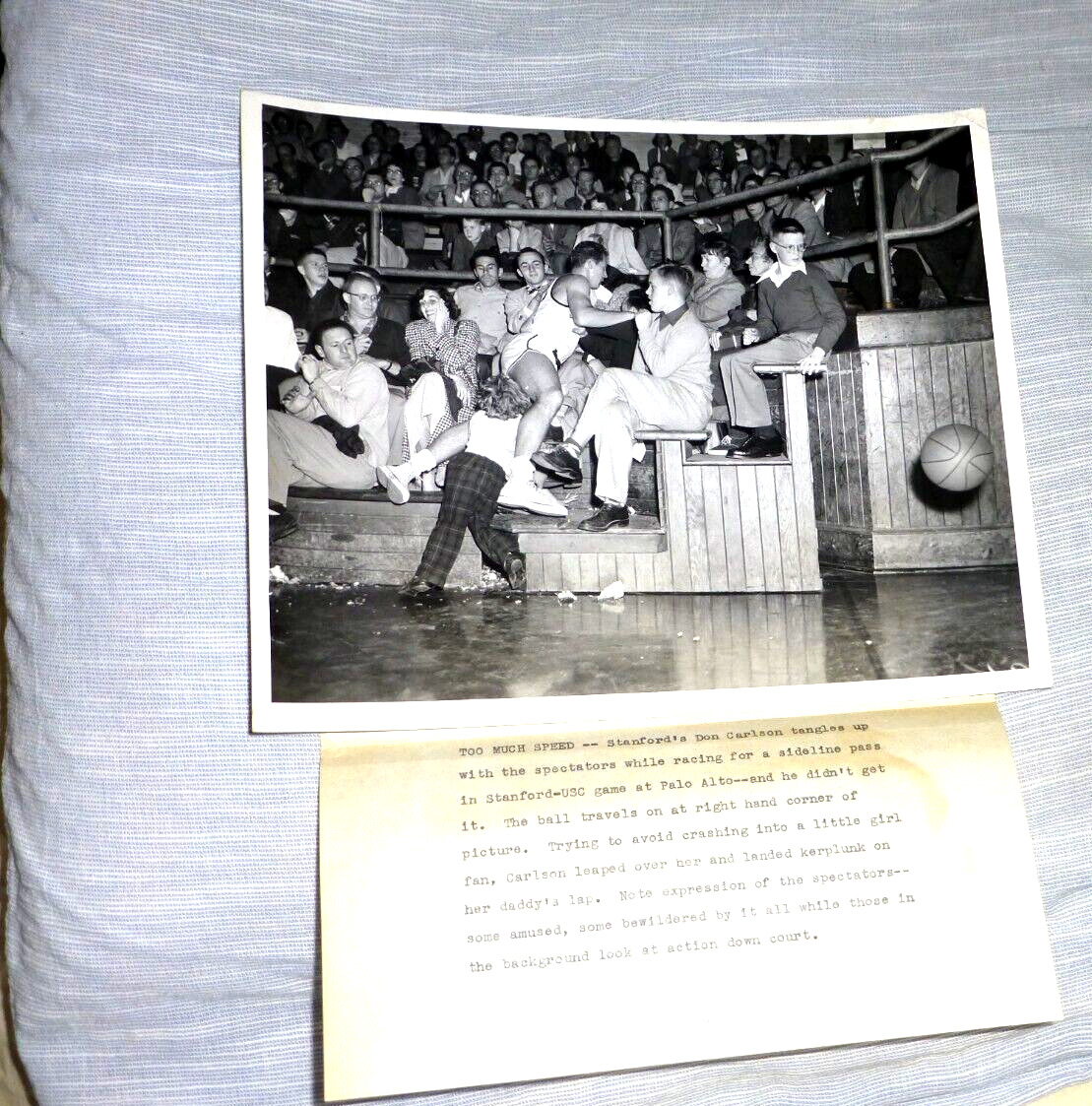 VINTAGE REAL PHOTO STANFORD USC BASKETBALL AVOID CRASHING LITTLE GIRL 1954