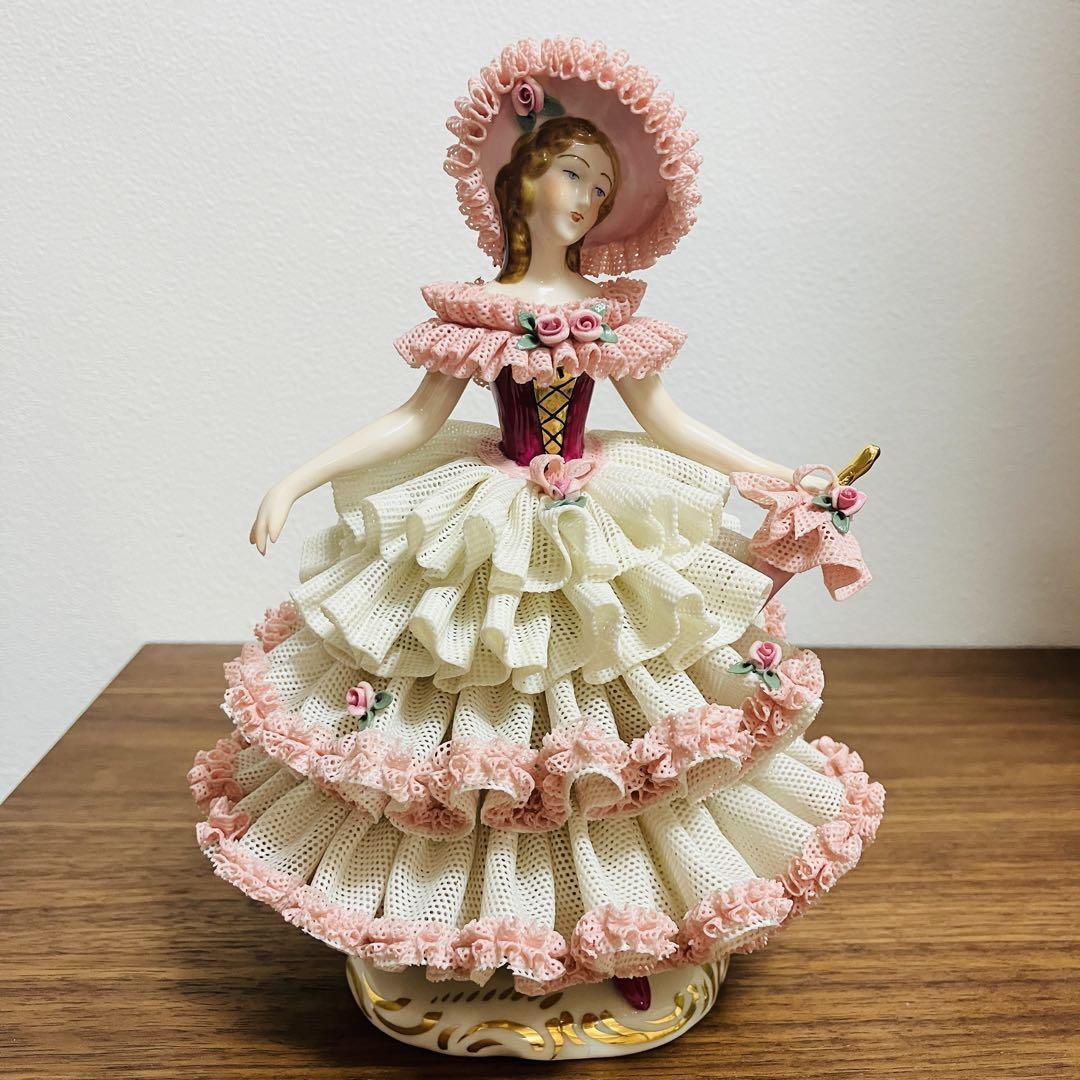 Antique Bediu Capodimonte Lace Doll Parasol Figurine Rose Flower