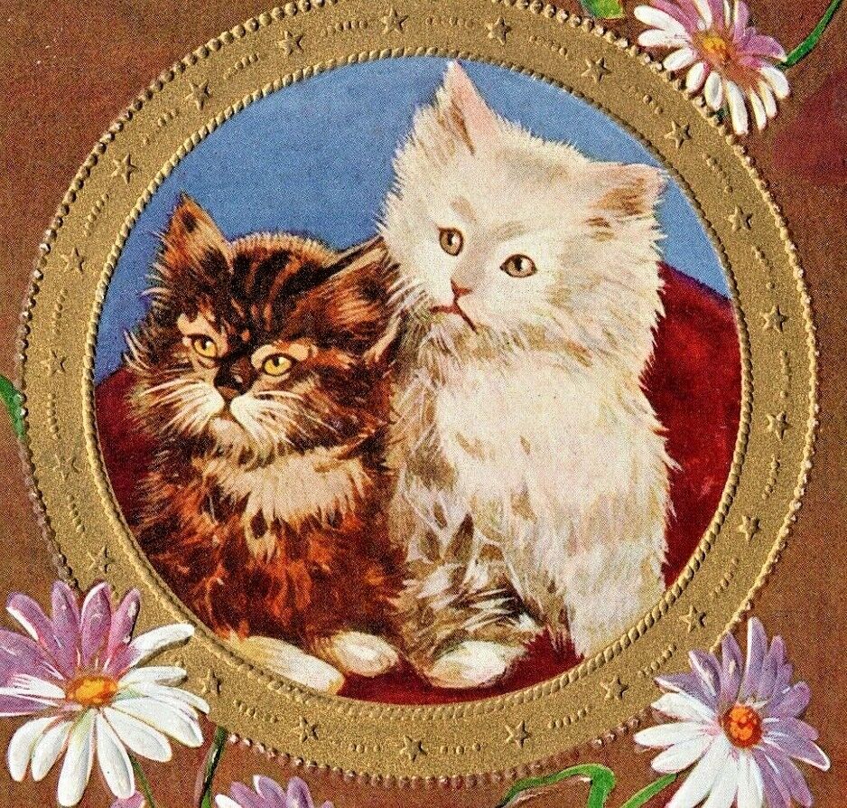 c1910 Christmas Postcard Cats, Winsch Back, flowers embossed vintage cute