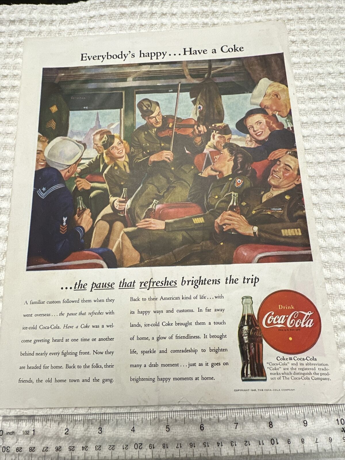WWII World War 2 (print ad) Coca Cola 10x13” “Everybody’s Happy have a Coke”