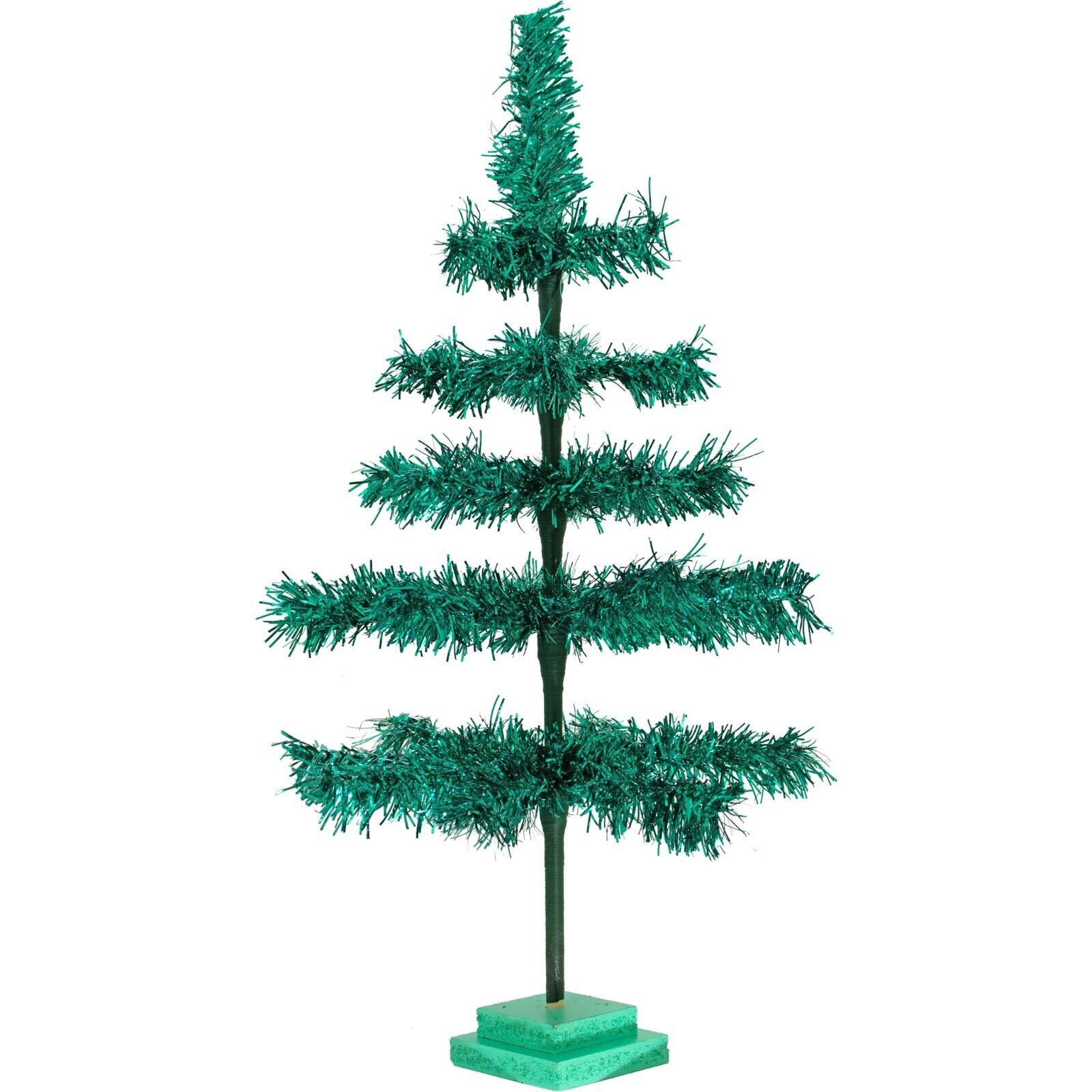 28in Tall Vintage Emerald Green Tinsel Christmas Tree, Wood Stand Included