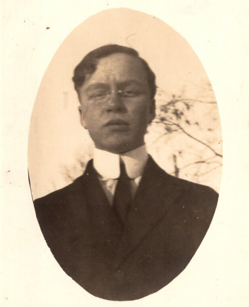Antique RPPC Oval Photo Postcard: Young Man W/ Glasses - Unposted