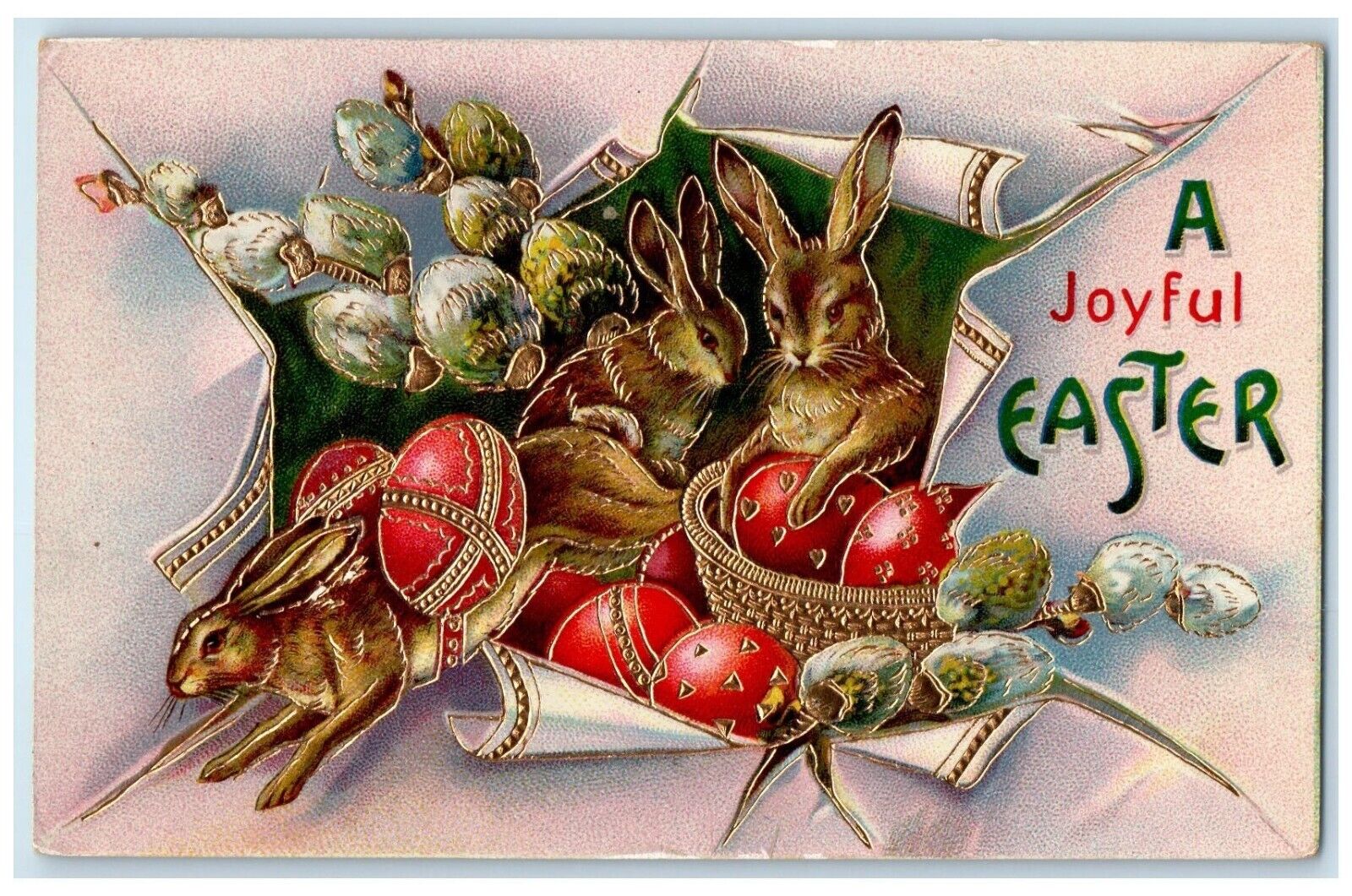 c1910's Easter Eggs Rabbit In Basket Pipe Berry Gel Gold Gilt Embossed Postcard