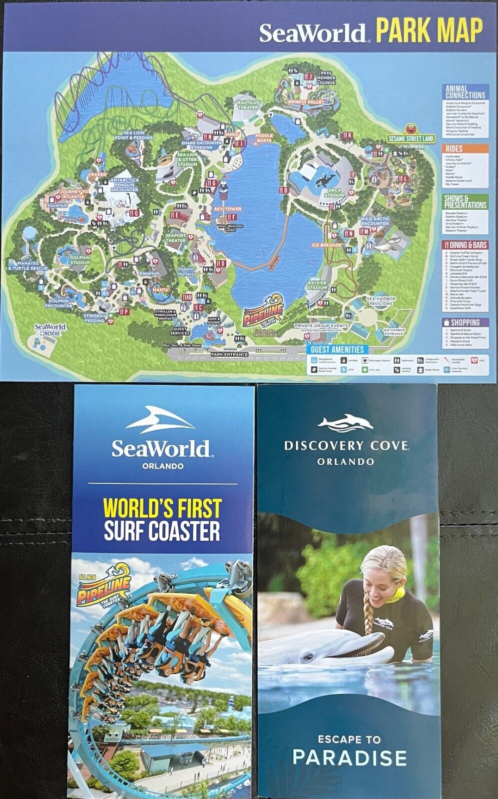 2023 Sea World Orlando Park Guide Map + Sea World and Discovery Cove Brochures