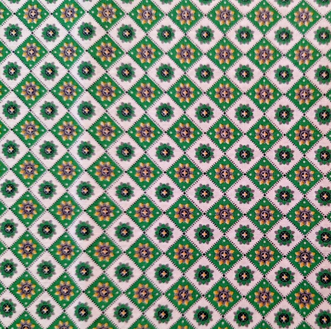 Vintage Green White Cotton Fabric Small Floral Diamond Pattern 1930's