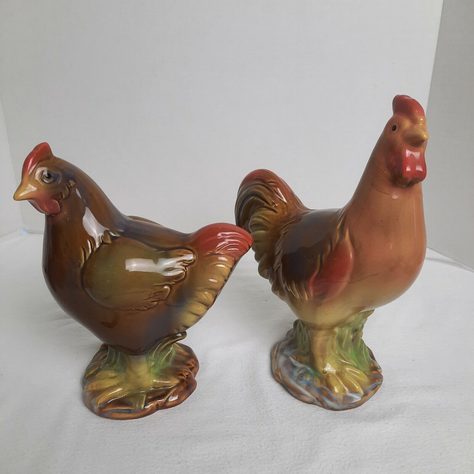 Vintage Standing Glazed Porcelain Hen/Rooster Figurines FARMHOUSE COUNTRY DECOR