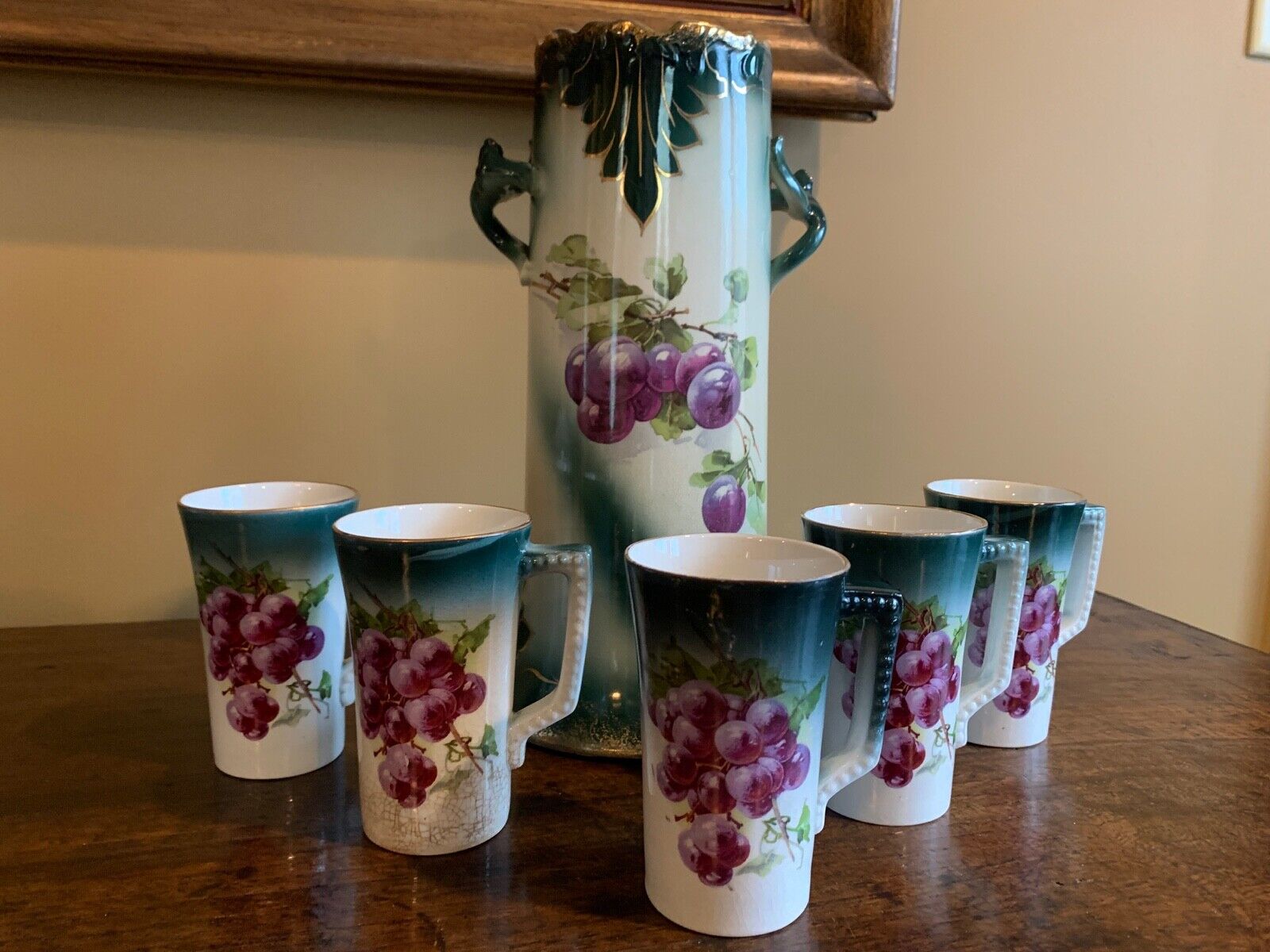 Antique China Lemonade/Cider Cups w Beaded Handles & Matching Vase.  Dresden?