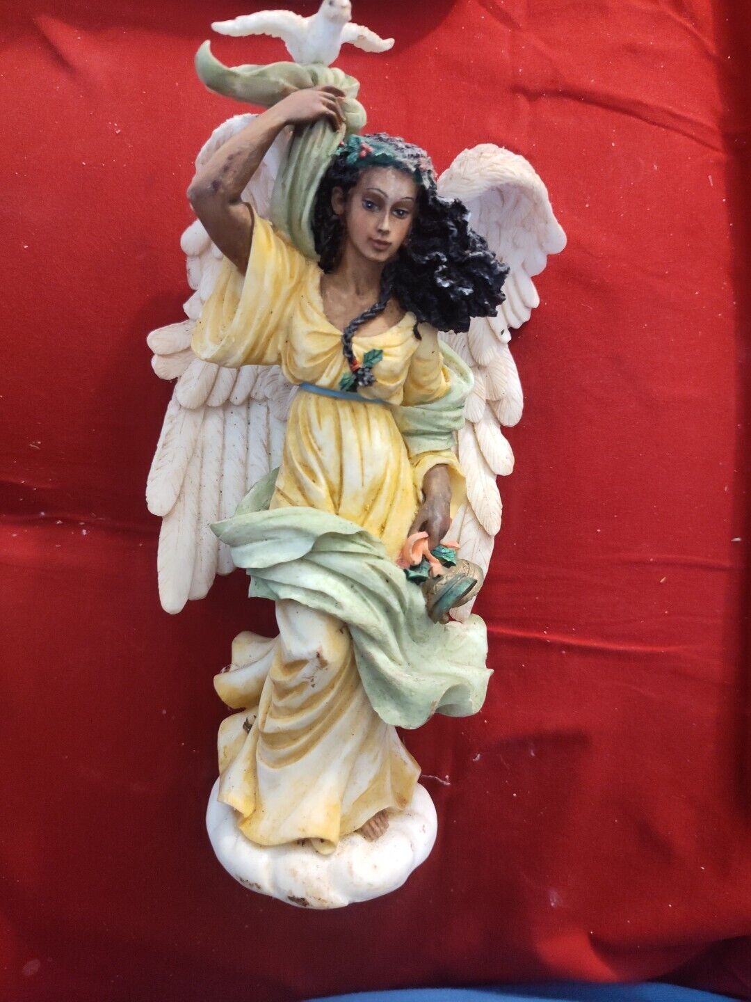 African American Woman Angel With Bells & A Bird  10 1/2 Inches Tall. 
