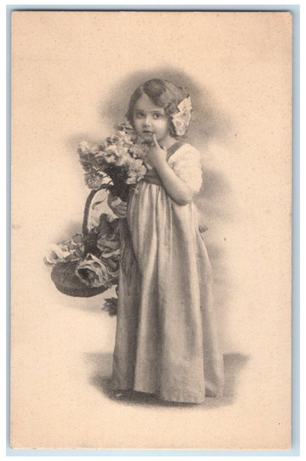 Pretty Little Girl Postcard Flowers In Basket c1910's Unposted Antique