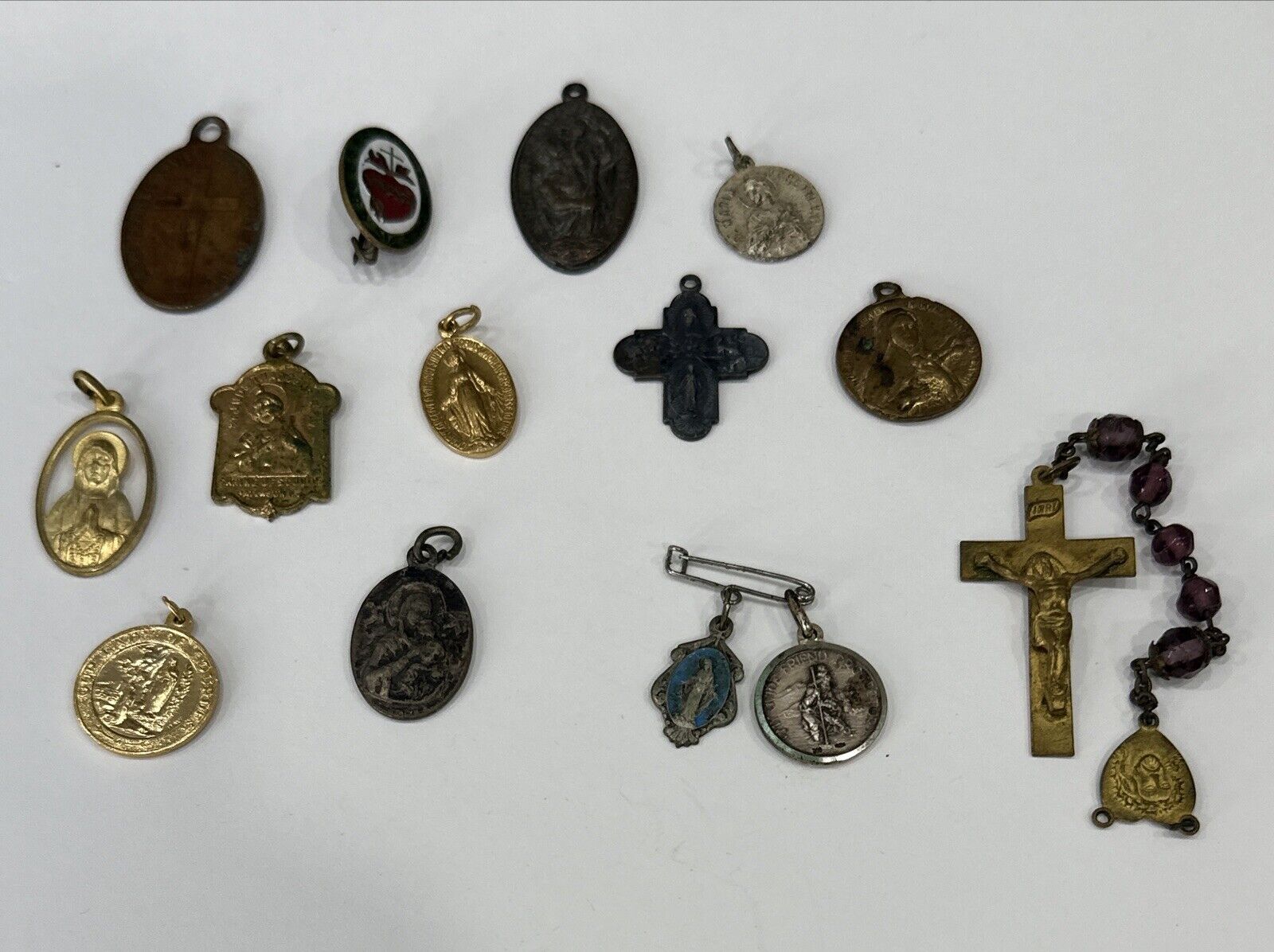 Religious Lot of 13 Medals, Crosses, And Pins