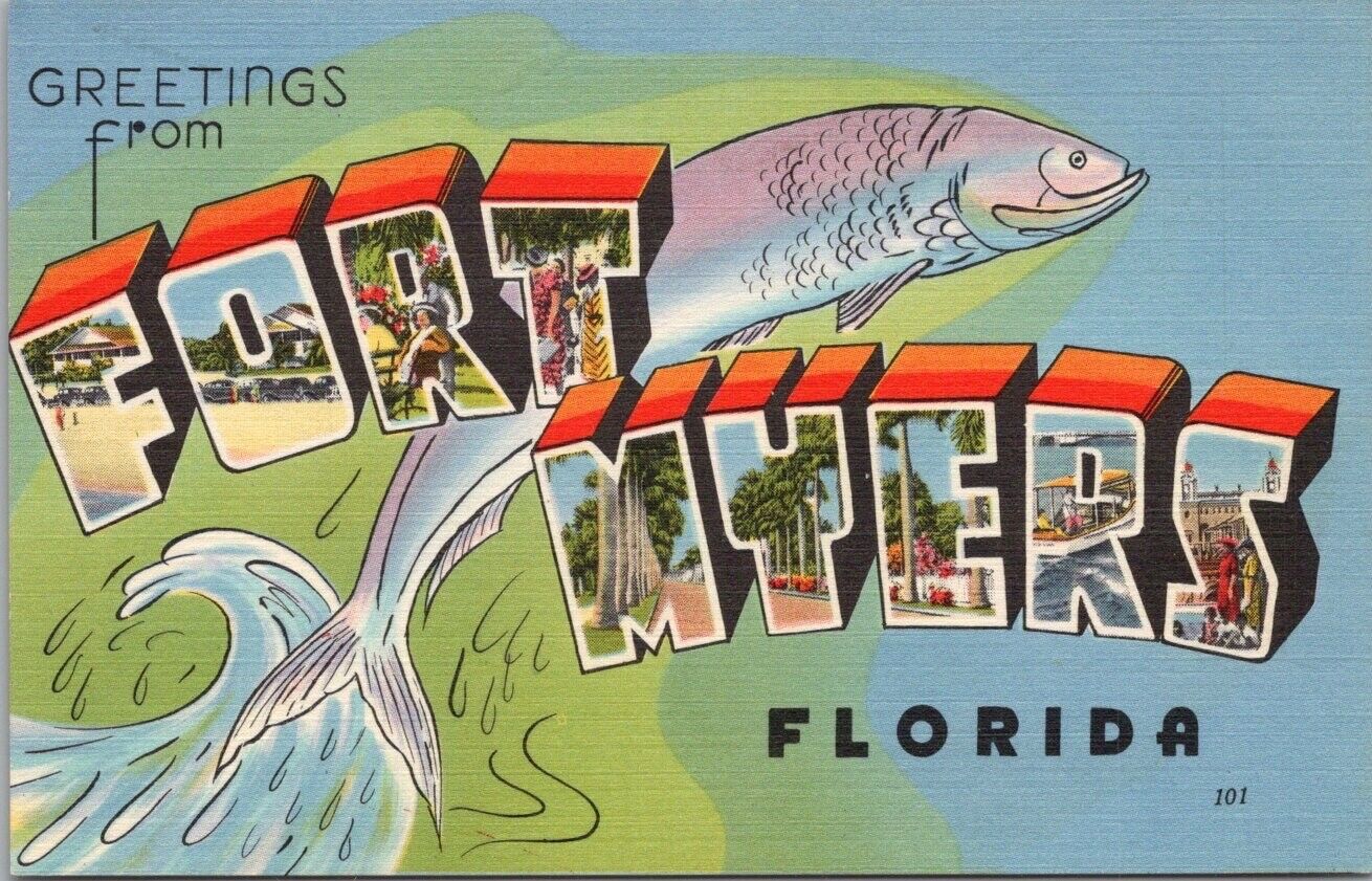 Vintage 1950s FORT MYERS Florida Large Letter Postcard Fish Fishing Linen Unused