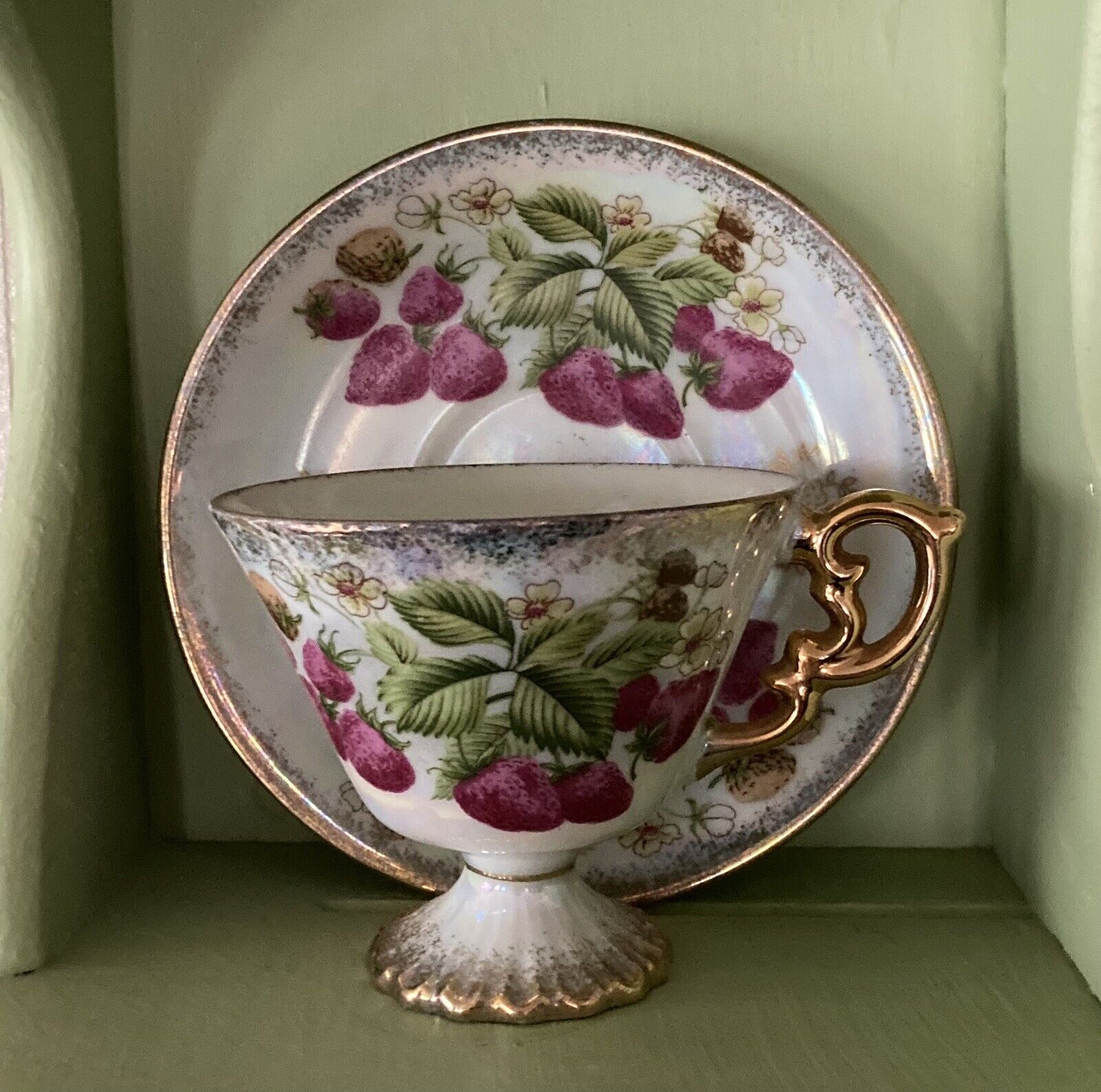 Iridescent Strawberry Teacup and Saucer by Wales Made in Japan
