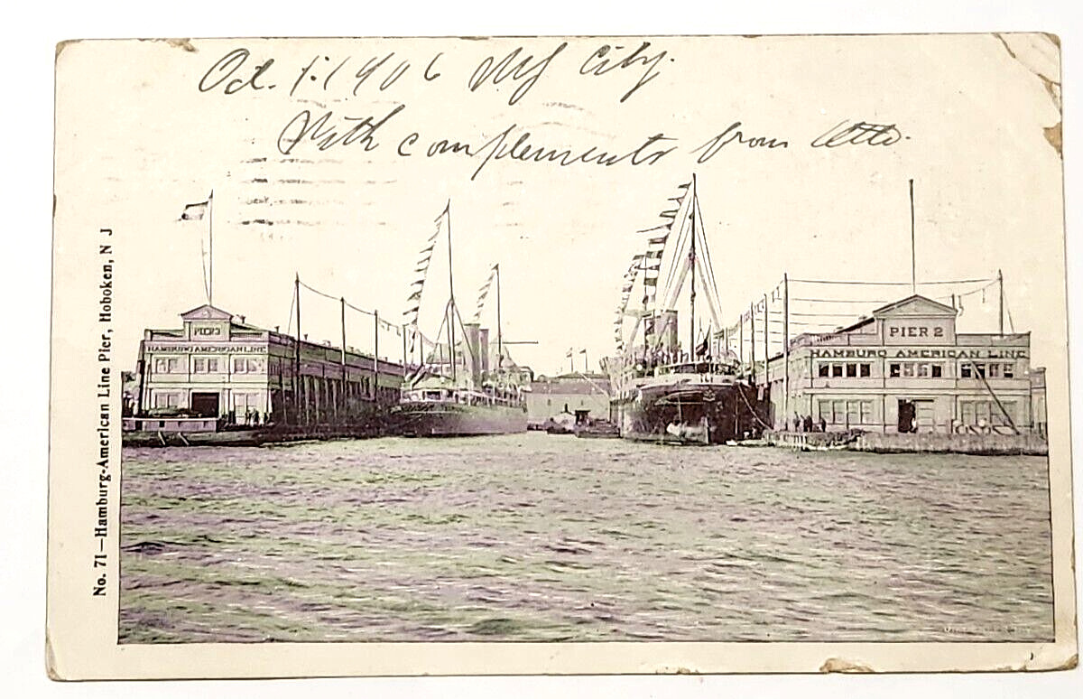 Hamburg American Line Pier Hoboken N.J. Ships At Port Postcard