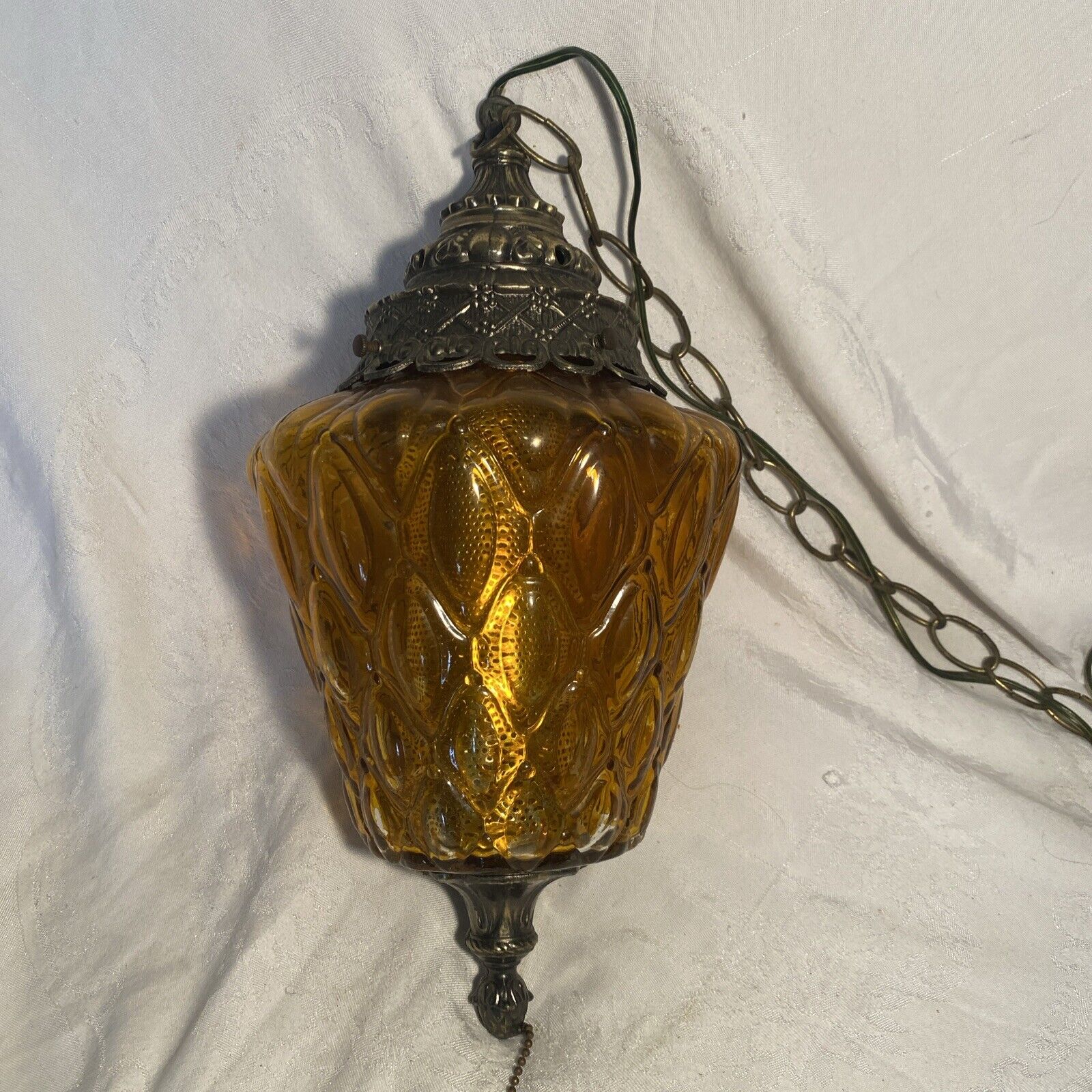 Vintage 1970\'s Hanging Swag Lamp Amber Quilt Globe Plug In