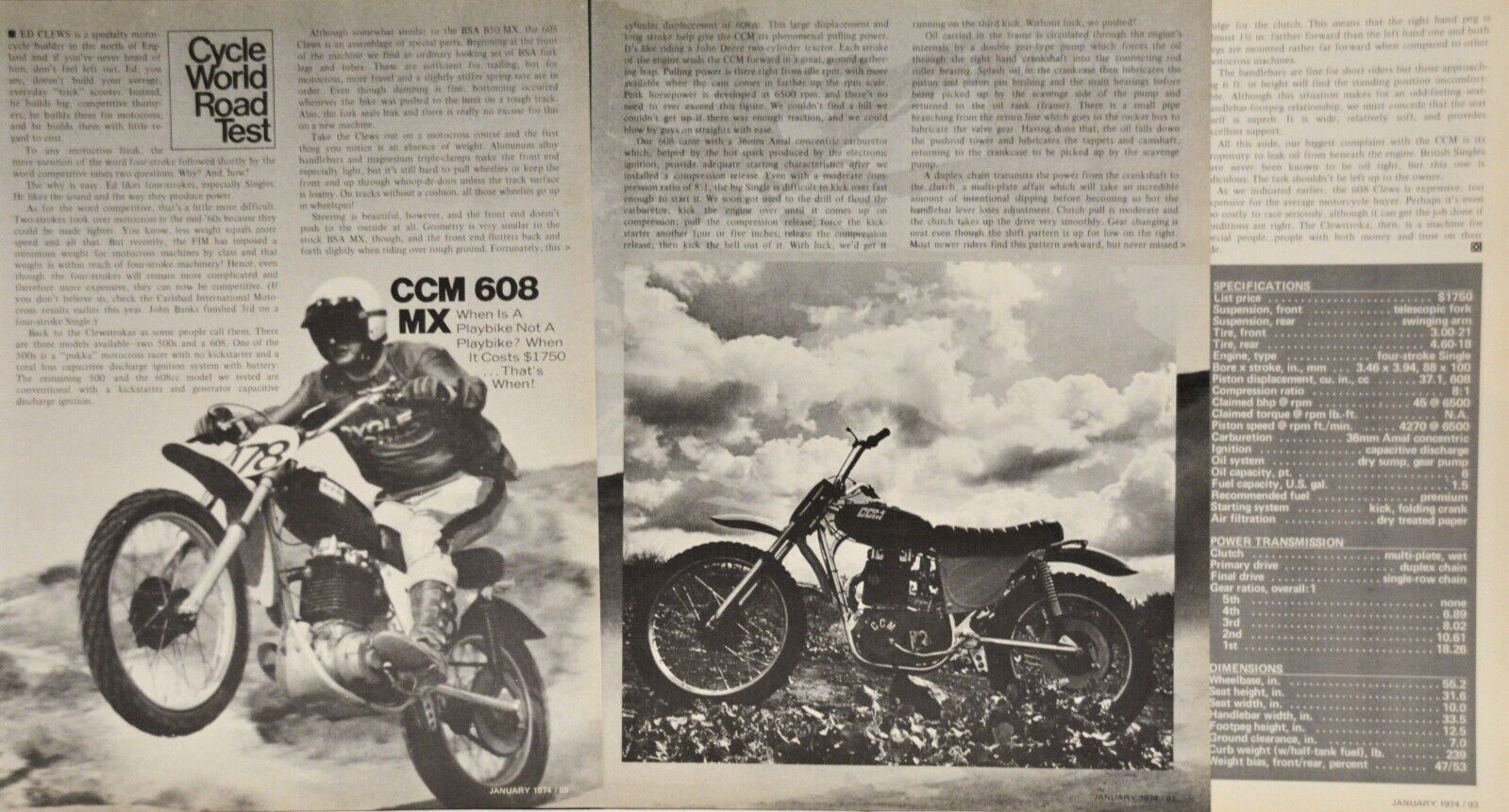 1974 CCM 608 MX 5 page Motorcycle Print Ad 