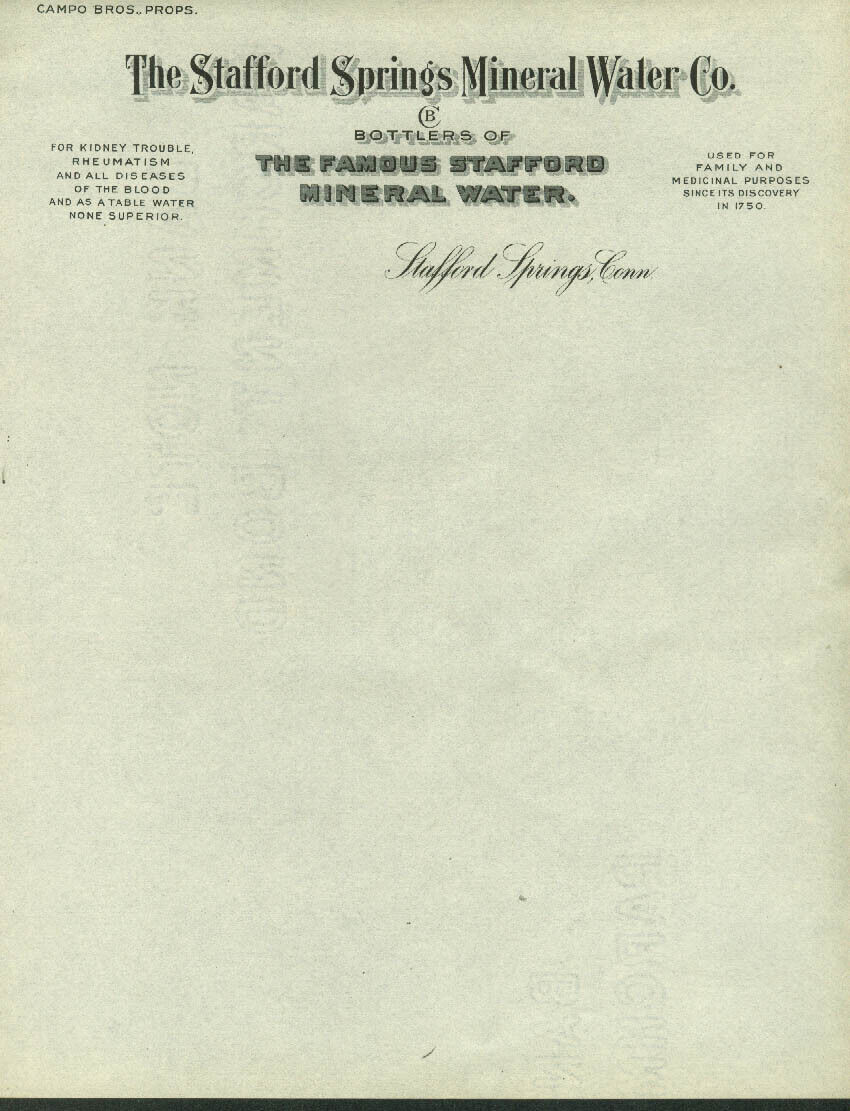 Stafford Springs Mineral Water Company Connecticut unused letterhead 1920s