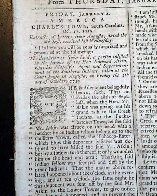 EARLY AMERICA 18th Century Southern Colonies Reports Colonial Era 1760 Newspaper