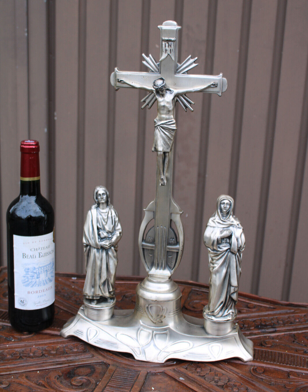 Vintage belgian Art nouveau design calvary crucifix cross religious statue