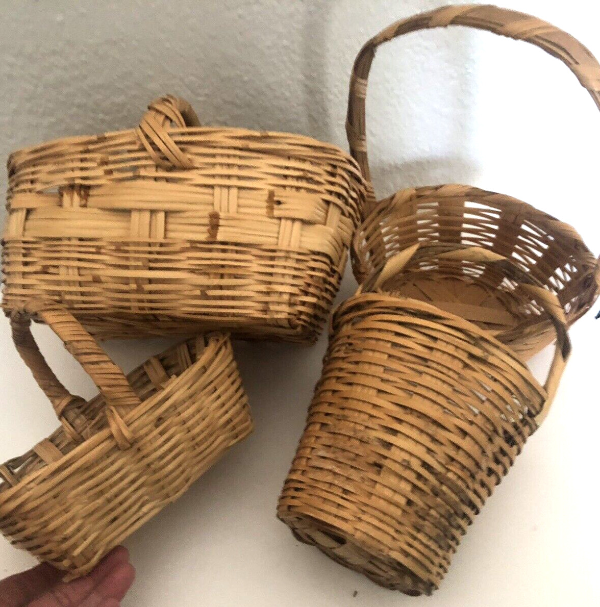 Vtg MCM SET 4 Natural  BAMBOO BASKETS Handled WICKER Woven Oval Round Mini LG a