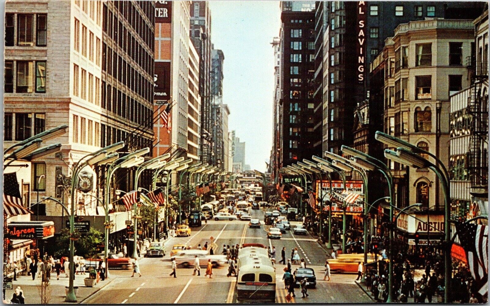Chicago Il~Downtown~State Street~Raisin In The Sun Sign~VTG Chrome Postcard~KA22