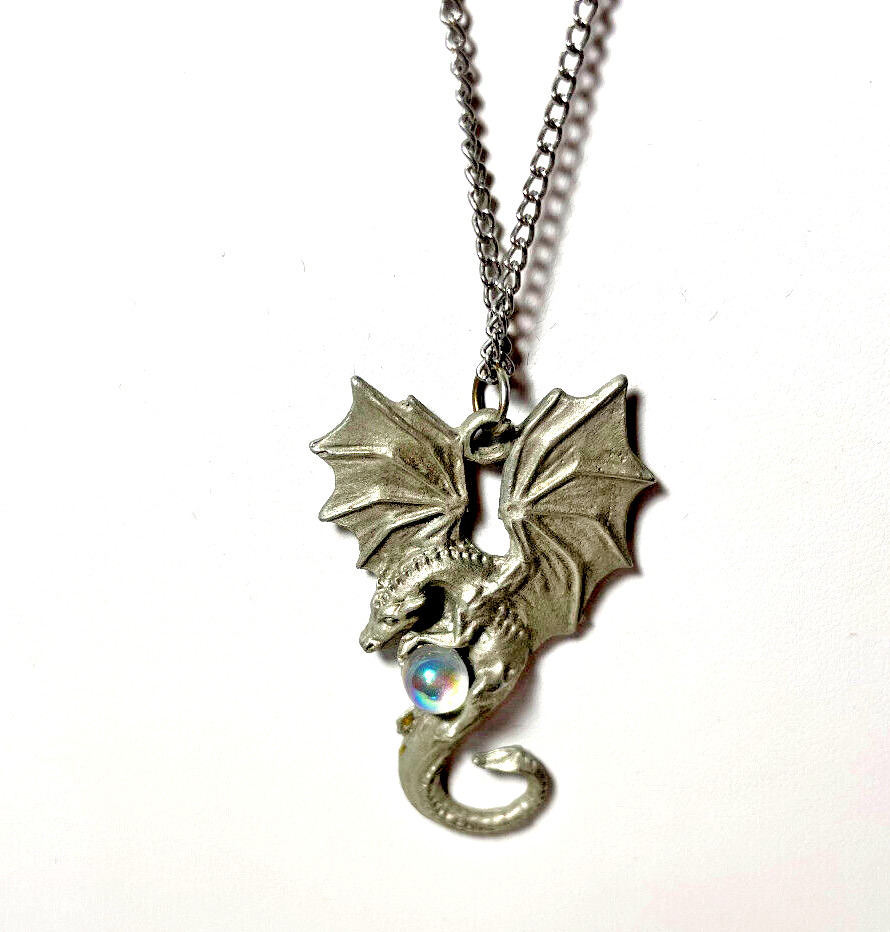 VTG Gallo Pewter Dragon & Crystal Pendant Necklace