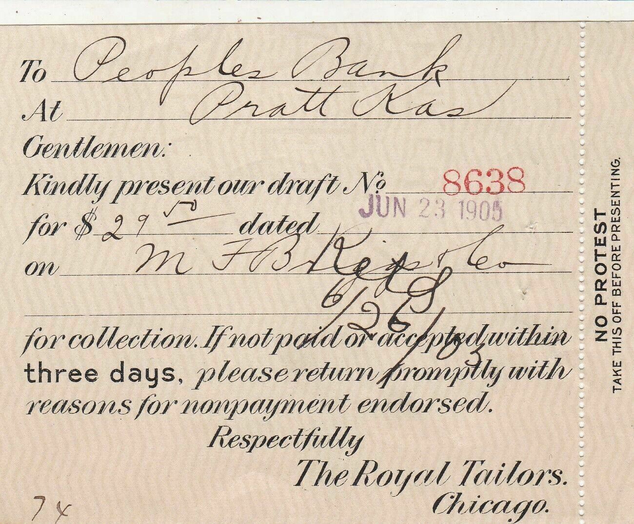 U.S. The Royal Tailors, Chicago 1905Invoice Slip + Attached Stub Ref 44283