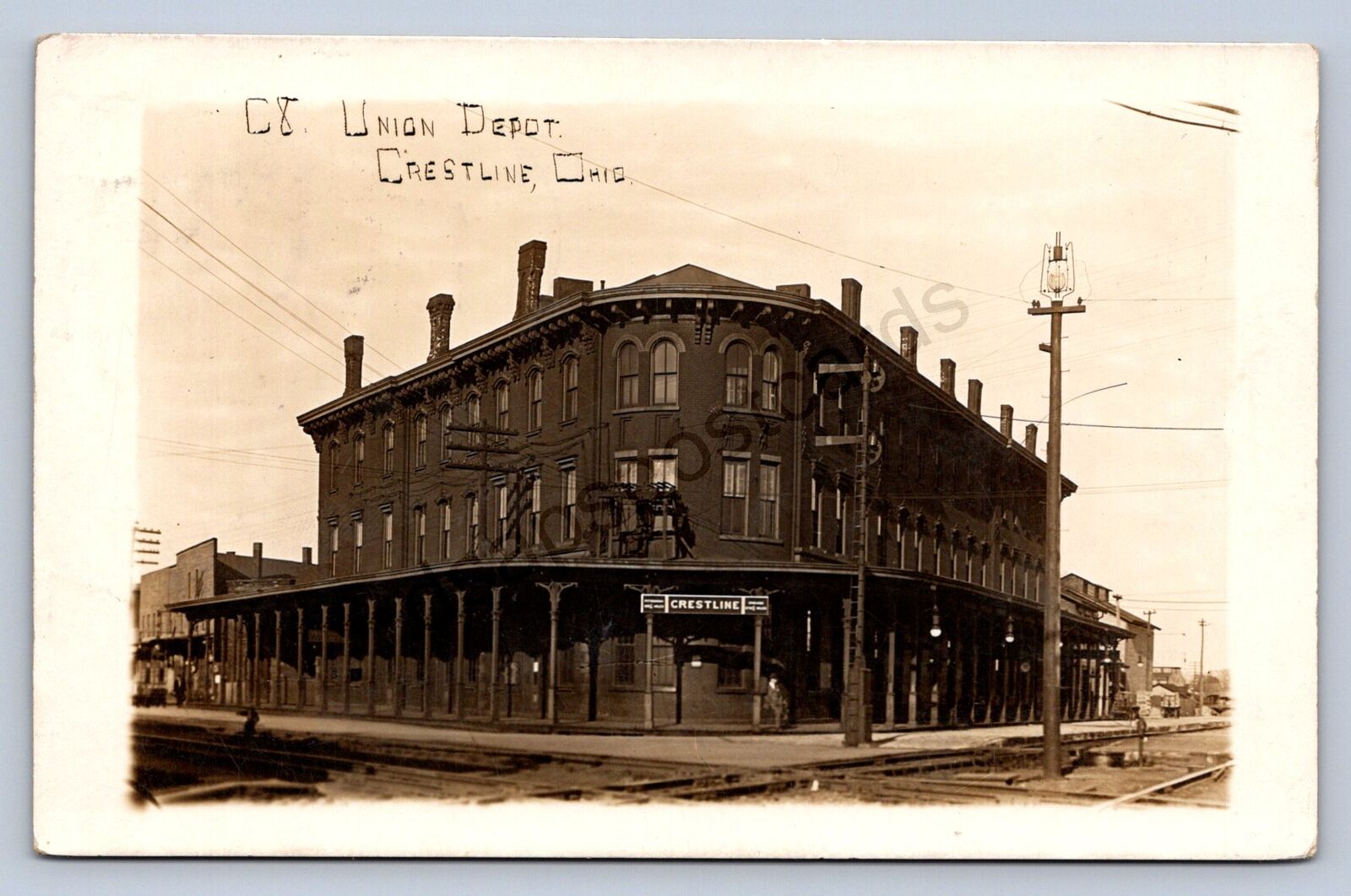 J87/ Crestline Ohio RPPC Postcard c1910 Union Railroad Depot 1574
