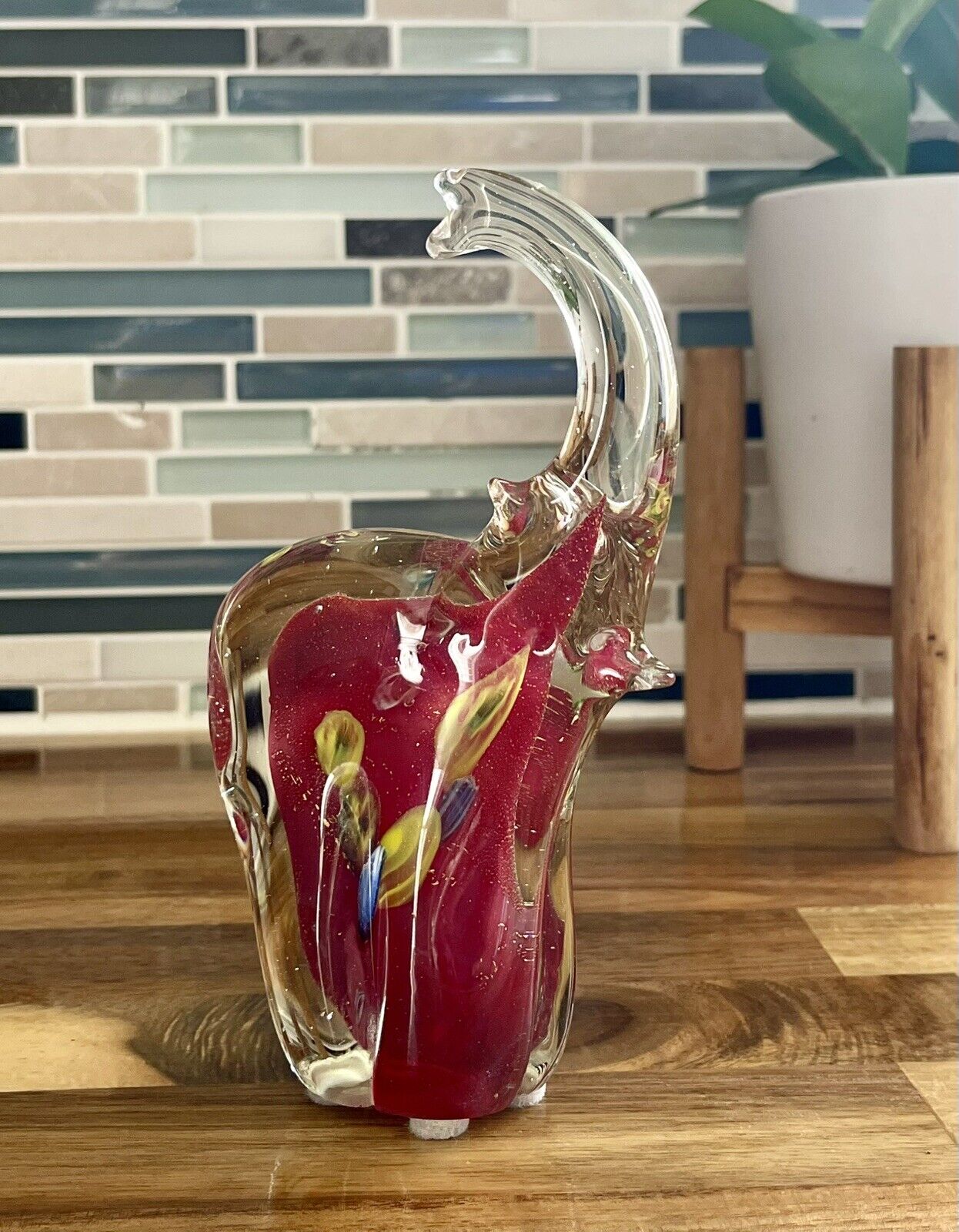 Handmade Art Glass Murano Style Elephant Red Millefiori Figurine 6.5 Inches