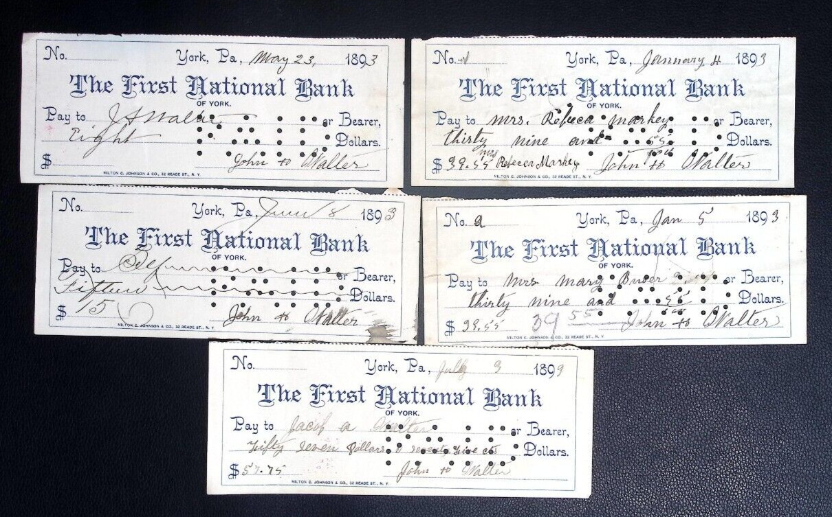 The First National Bank York PA 1893 5 Checks