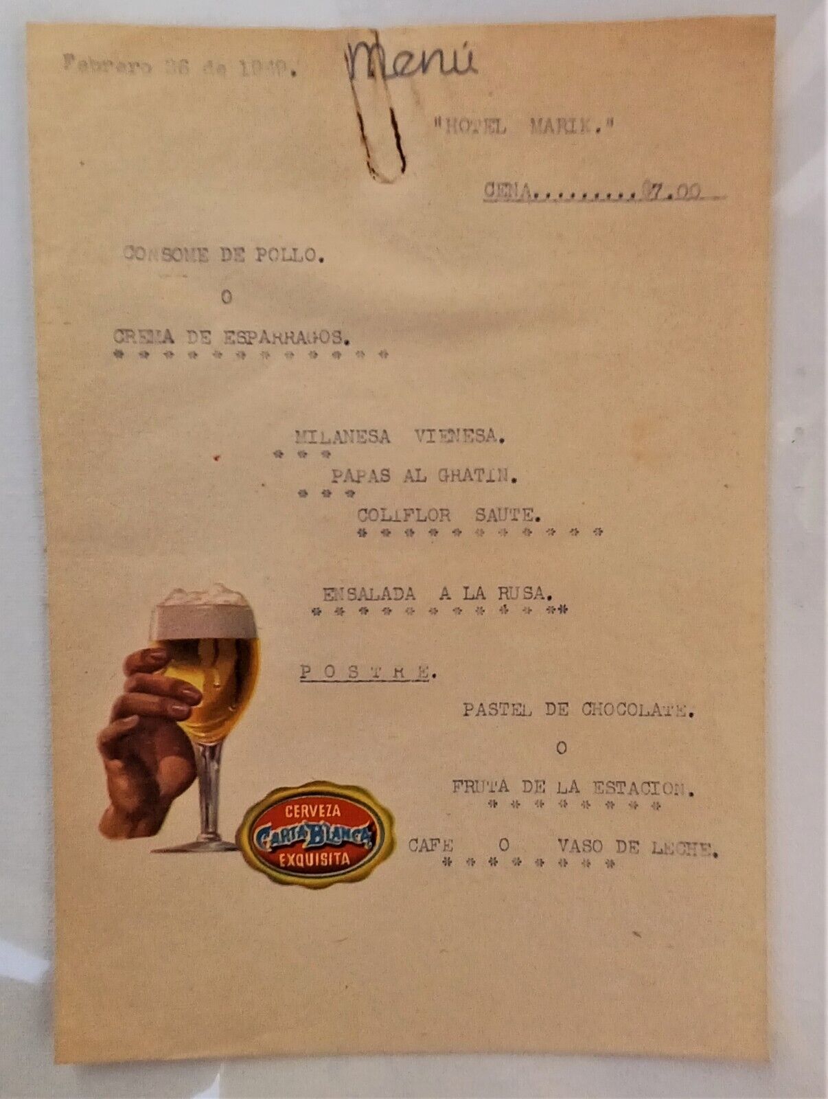 Vintage Restaurant Menu Hotel Marik Mexico 1949 Cerveza Carta Blanca Exquisita