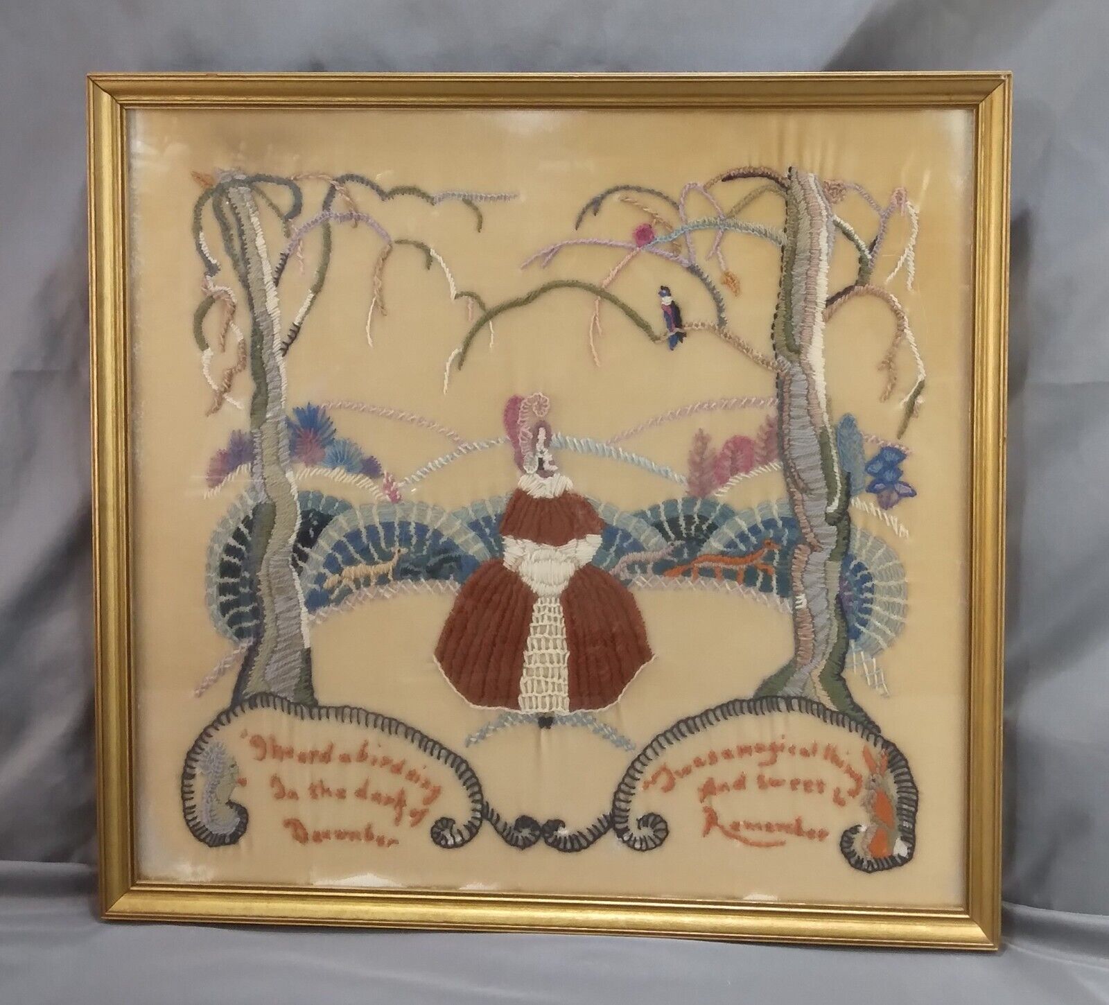 Antique 1937 Crewel Embroidery on Velvet December Poem Signed Framed Art 18x17\