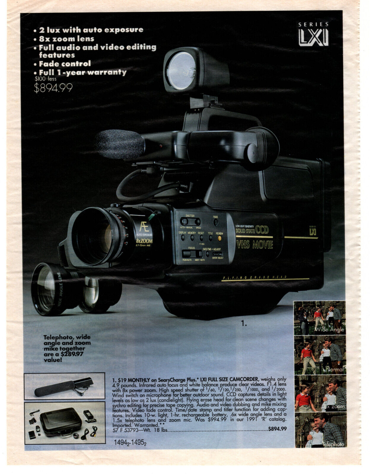 Sears LXI Camcorder Video Camera 1991 Vintage Print Ad Original Man Cave Decor