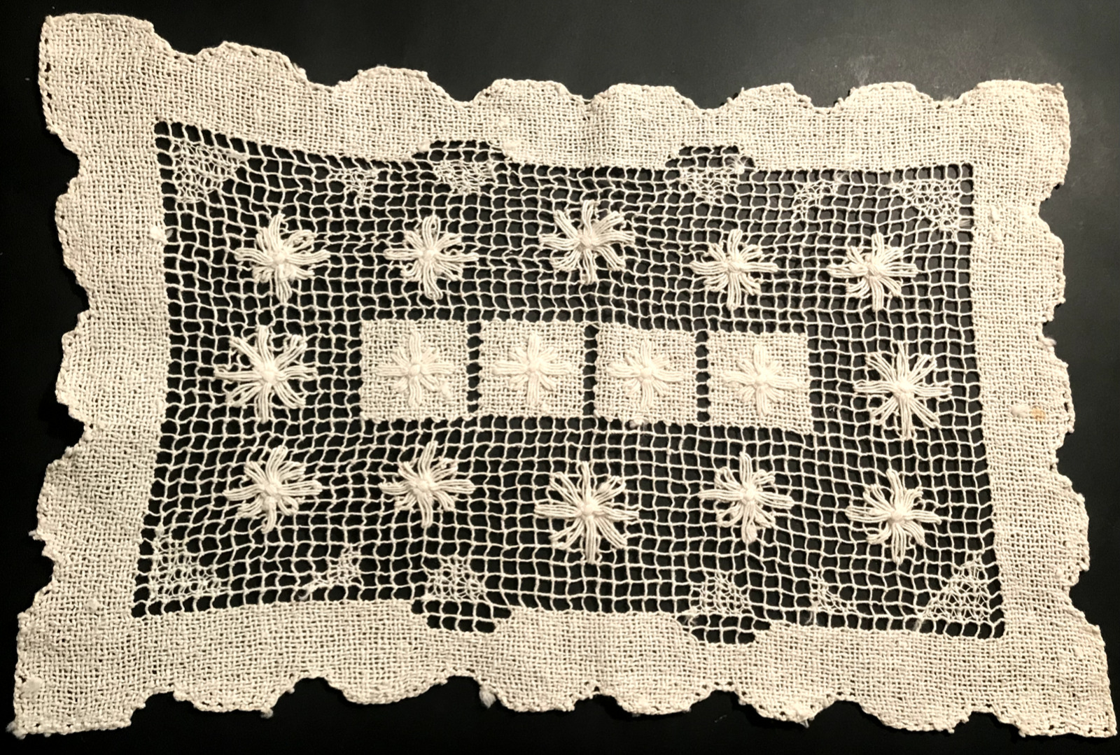 Vintage Sardinian Hand Made Lace Doily Embroidery on Prepared Net 9 x 14 1/2\
