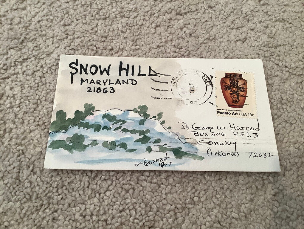 1977 SNOW HILL Maryland: Signed FOLK ART WATERCOLOR Postal Cover GEORGE HARROD