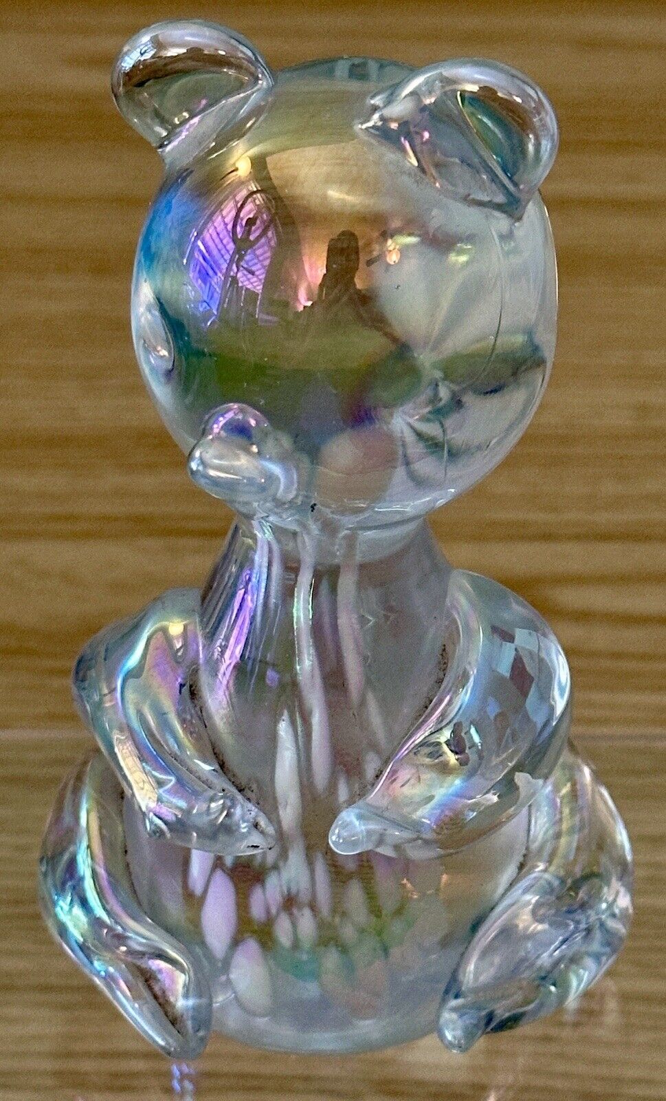 Vintage Iridescent Clear Art Glass Bear Paperweight Figure with White Stripes