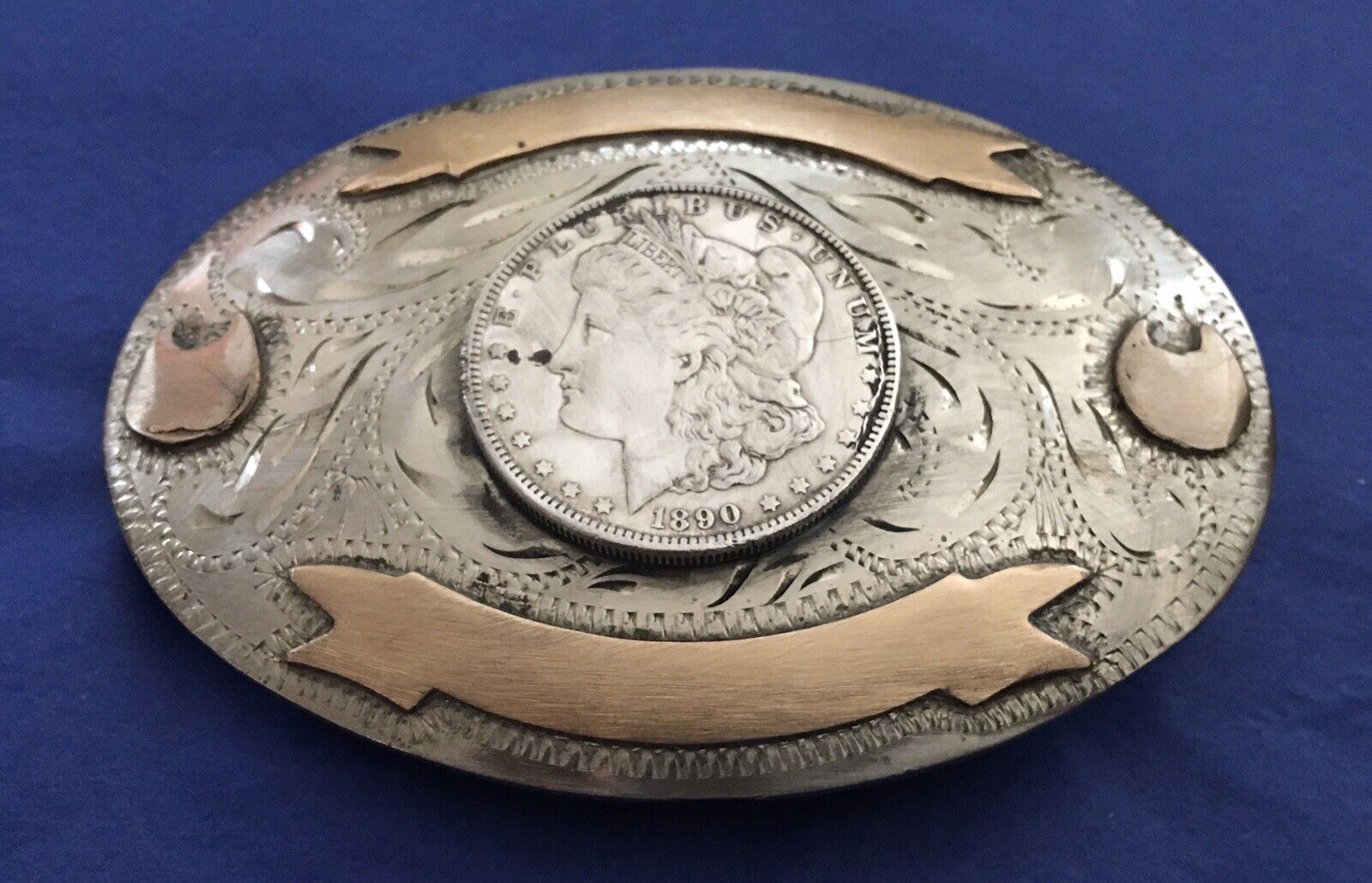 Vintage Handcrafted Western Flair 1890 Morgan Dollar 2 Banner Trophy Belt Buckle