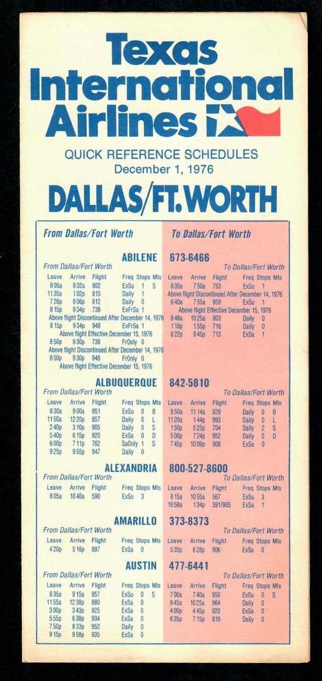 Texas International DFW Timetable