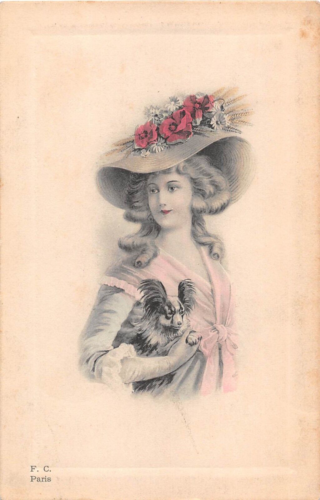 1912 French Artist-Drawn PC-Lovely Lady Wearing Hat & Holding Cute Papillon Dog