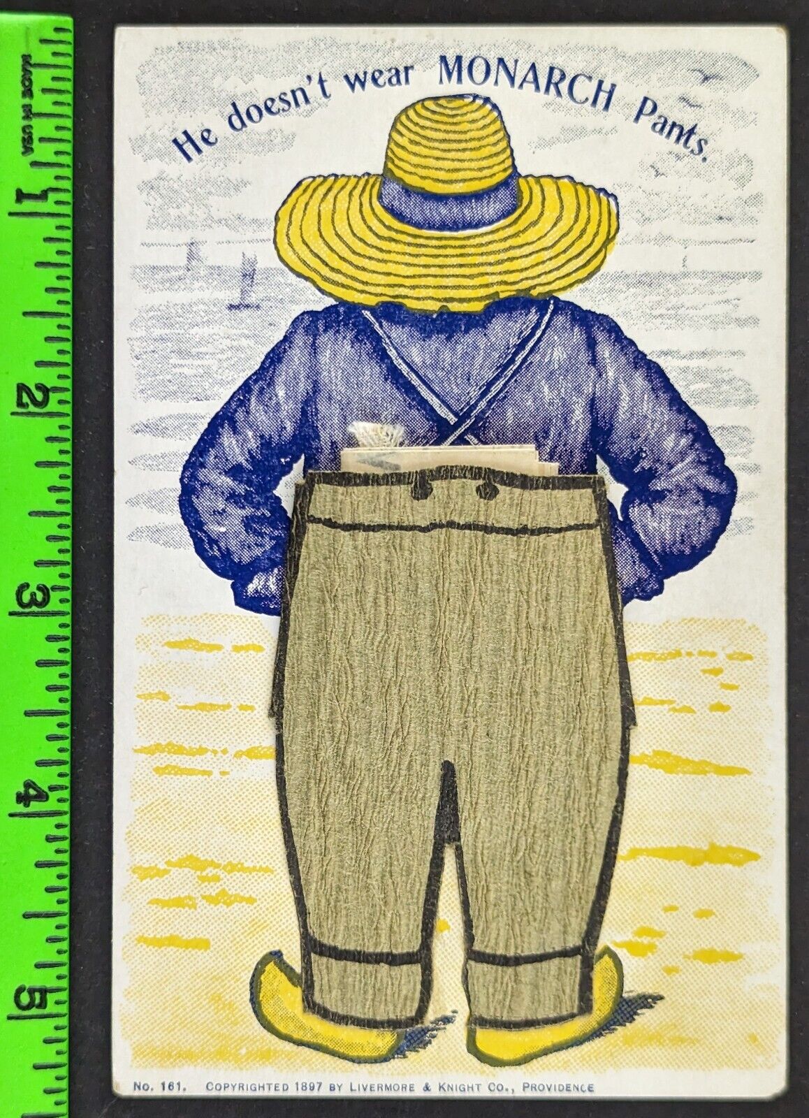 Vintage 1887 Miner Beal & Co Monarch Pants Boston MA Man Beach Trade Card Flyer