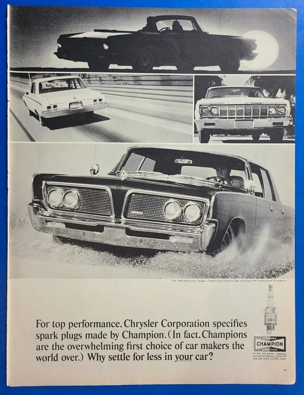 1964 Champion Spark Plugs / Chrysler Corporation Vtg 1960\'s Magazine Print Ad