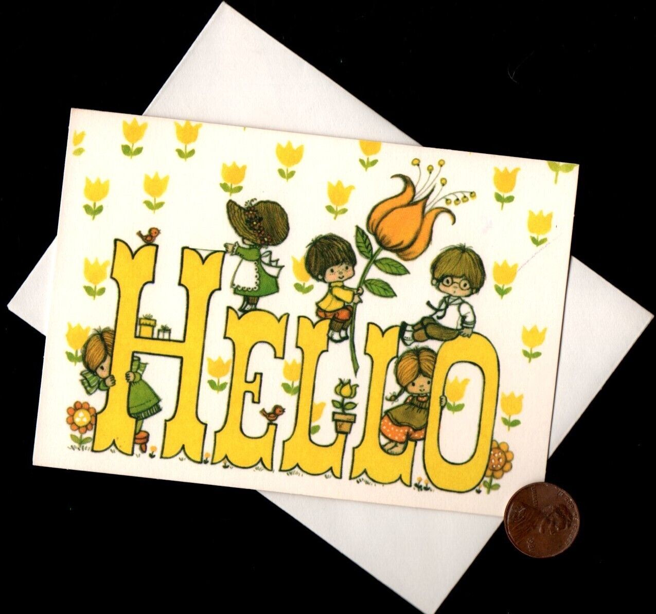 Vintage Little Children Flowers Birds HELLO - SMALL - Greeting Card W/ TRACKING